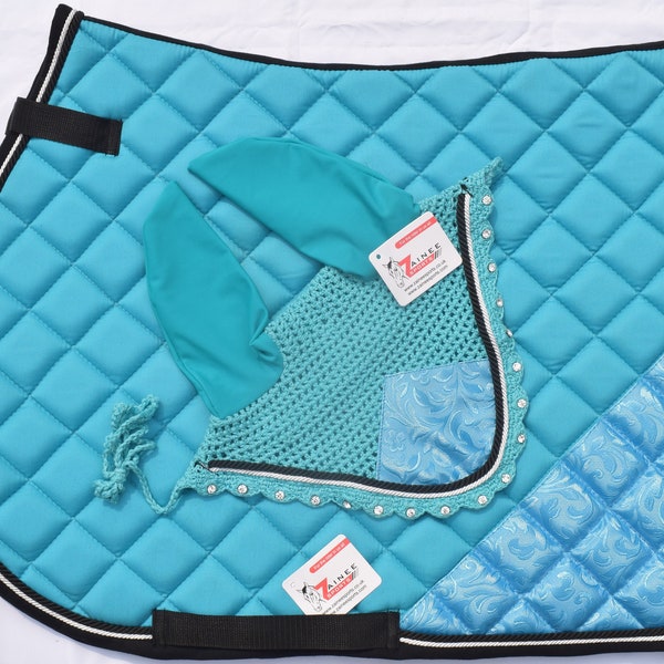 Hand Made Teal  English Saddle Pad with Matching Fly Bonnet Veil Ear Net Diamante Equestrian Jumping saddle pad