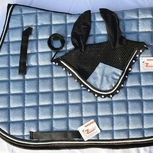 Handmade Glitter Dark Sky Blue Hand Made Luxury English Saddle Pad with Matching Fly Bonnet Veil Ear Net