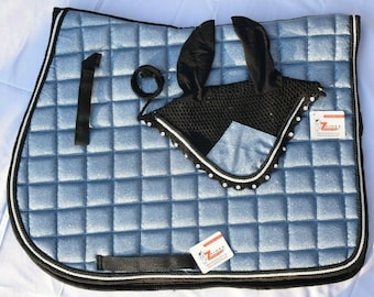 Handmade Glitter Dark Sky Blue Hand Made Luxury English Saddle Pad with Matching Fly Bonnet Veil Ear Net