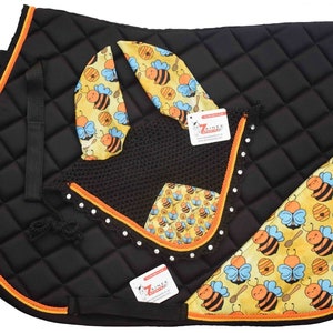 Handmade Honey Bee Theme Black English Saddle Pad All Purpose English Saddle Pad  Fly Bonnet Special gift Handmade jumping saddle pad