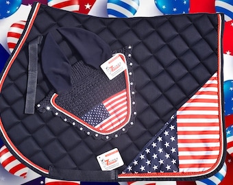 Hand Made US Flag Independence day All Purpose English Saddle Pad with Matching Fly Bonnet Veil Ear Net Navy blue