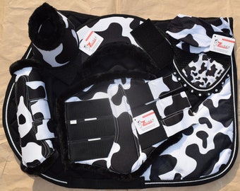 Handmade COW PRINT English Saddle Pad All Purpose with Matching Fly Bonnet Veil + Brushing Boots and Bell Boots