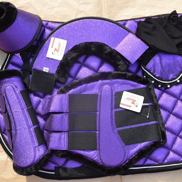 Hand Made Glitter Purple English Saddle Pad with Matching Fly Bonnet , brushing boots and bell boots