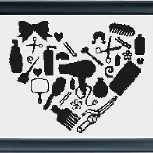 May include: Black and white silhouette of various hairdressing tools and accessories arranged in the shape of a heart. The tools include scissors, combs, hair dryers, curling irons, and hairspray bottles.