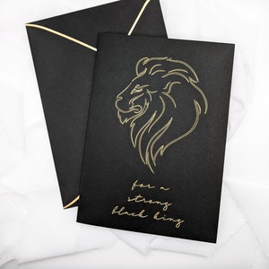 5 x 7 po, carte métallisée noire, roi noir, carte métallisée, feuille d'or, carte de voeux, carte de voeux pour hommes, pour homme, carte de lion, carte de roi