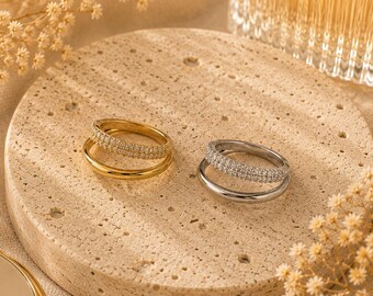 Marlowe Stack Ring: Gold & Silver Double Band Ring, Pavé Statement Ring, Gift for Her