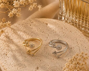 Eden Ring: Gold & Silver Floral Open Ring, Botanical Crystal Ring, Gift for Her