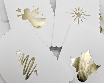 Gold Foil Christmas Card Set, Angel, Star, Tree & Holly