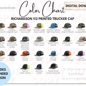 CANVA EDIT - Richardson 112P Printed Trucker Hat Color Chart - Richardson 112P Printed Trucker Hat Color Guide