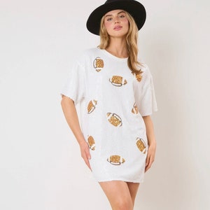 White Football Dress, Football Sequins Short Sleeve Basic T-Dress, Game Day Football Sequin Dress, Game Day Dress