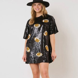 Black Football Dress, Football Sequins Short Sleeve Basic T-Dress, Game Day Football Sequin Dress, Game Day Dress,