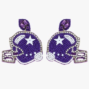 Football Beaded Earrings, Football Earrings, Football Accessories, Purple and White Beaded Football Helmet Dangle Earrings