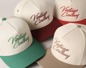 Vintage Cowboy Embroidery Two Tone Baseball Cap, Vintage Cowboy Club Embroidered Trucker Hat, Vintage Cowboy Embroidered Hat
