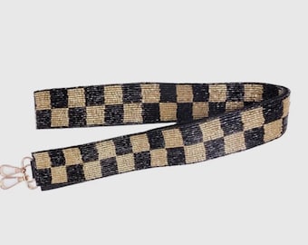 Black and Gold Checkered Beaded Game Day Bag Strap, Beaded Bag Strap, Game Day Bag, Beaded Straps, Football Purse Strap