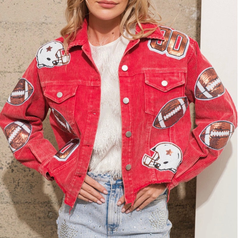 Sequin Football Patch Collared Neck Snap Button Jacket