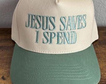 Jesus Saves I Spend Leopard Vintage Hat / Vintage Trucker  display picture 2