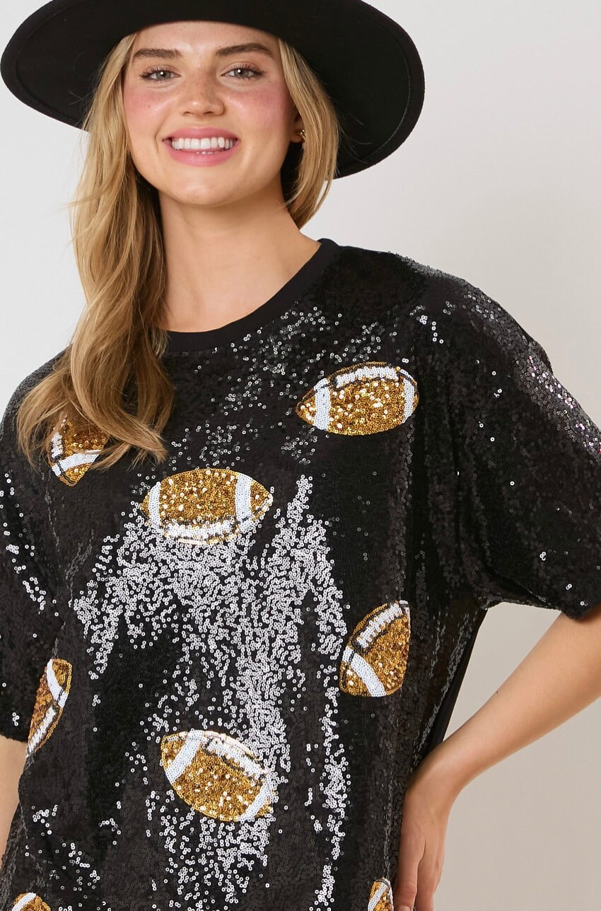 Black Football Dress, Football Sequins Short Sleeve Basic T