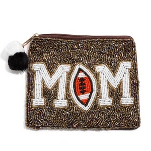 Seed Bead Football Mom Coin Pouch With Pom Pom Zipper, Football Beaded Pouch, Game Day Accessory