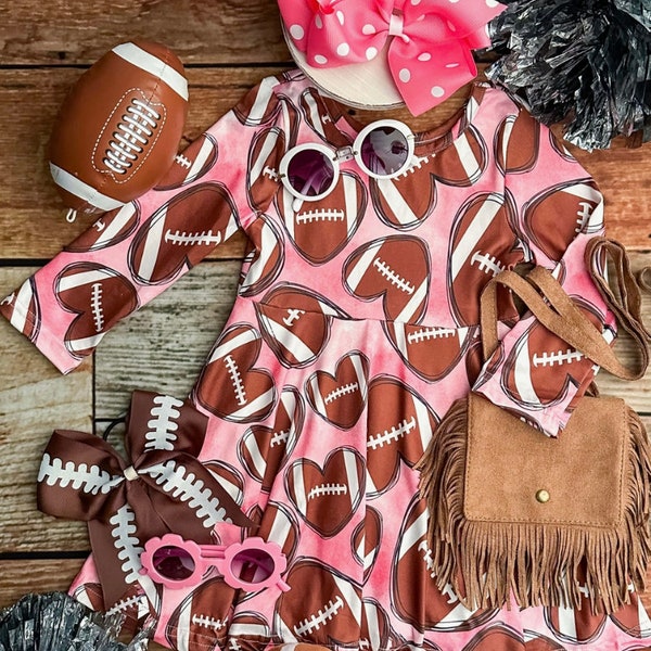 Football Hearts Pink Twirl Dress, Girls Football Dress, Game Day Dress, Football Dress