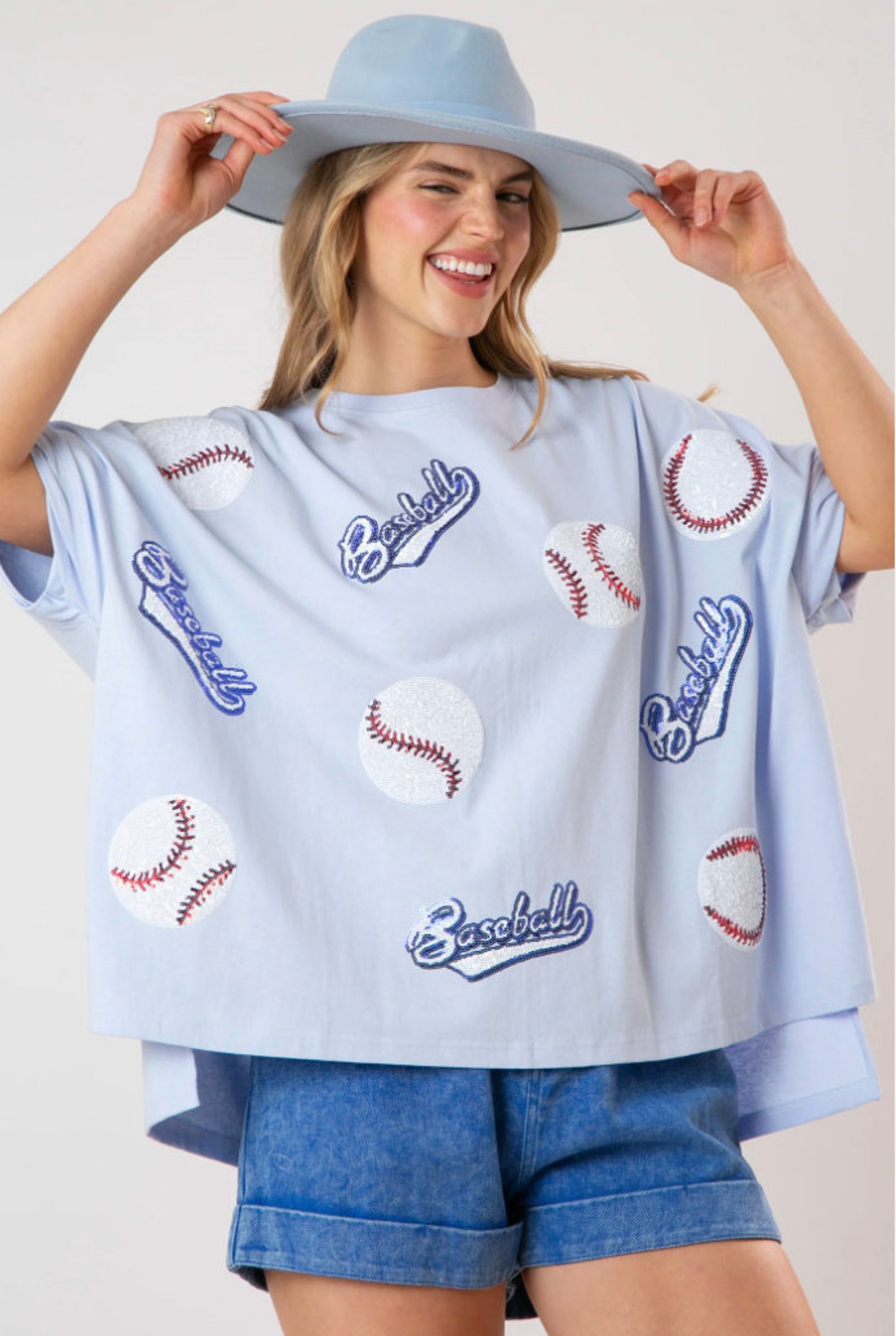 BiBi Sequin Baseballs Strike Washed Short Sleeve Top