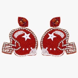 Football Beaded Earrings, Football Earrings, Football Accessories, Burgundy and White Beaded Football Helmet Dangle Earrings,