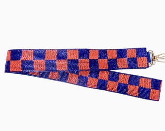 オレンジとブルーのチェック柄ビーズ付きゲームデーバッグストラップ、ビーズ付きバッグストラップ、ゲームデーバッグ、ビーズ付きストラップ、フットボールバッグストラップ、ビーズ付きストラップ