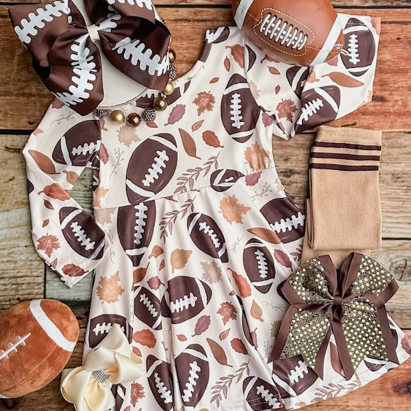 Football and Leaves Fall Dress, Girls Football Dress, Game Day Dress, Football Dress