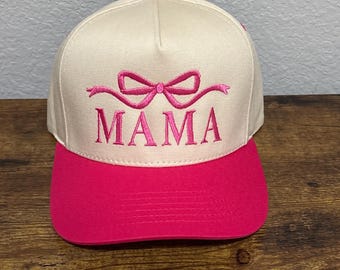 Mama Ribbon Embroidered Two-Tone Trucker Hat, Mama Trucker Hat, Mama Bow Trucker Hat