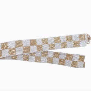 White and Gold Checkered Beaded Game Day Bag Strap, Beaded Bag Strap, Game Day Bag, Beaded Straps, Football Purse Strap, Beaded Strap