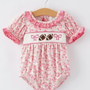 Football Smocking Bow Embroidered Girls Romper, Football Embroidered Romper, Bubble Romper, Football Onesie, Pink Football Romper
