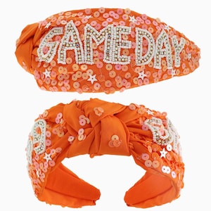 Game Day Top Knotted Jeweled Beaded Headband, Game Day Headbands, Football Headband, Orange Game Day Headband, Sequin Headband