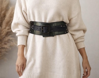 Cynthia Rowley Black Leather Studded Waist Belt – Mixed Textures, Y2K Designer Statement (Small)