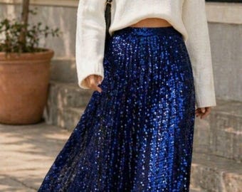 Blue Sequin Midi Skirt Pleated A-Line Sparkle Skirt Party Wedding Guest Street Style Glam Size 4