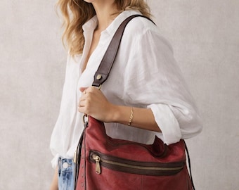 Red Leather Hobo Bag Wide Strap Slouchy Shoulder Bag Boho Distressed Large