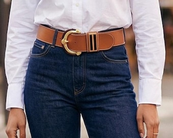 Cognac Leather Wide Waist Belt: Gold Buckle, White Stitching, Size Small