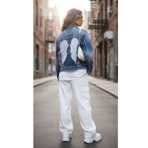 Hand-Painted Angel Wings Denim Jacket: Upcycled Boho Jean Jacket