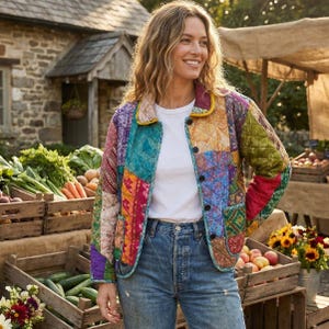 May include: A colorful patchwork jacket with a quilted design. The jacket features a variety of fabric patterns in shades of blue, green, red, and yellow. It is worn over a white t-shirt and blue jeans. The jacket has black buttons and a yellow collar.