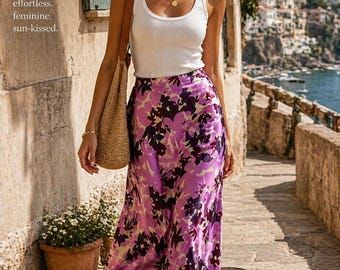 Falda midi de seda con estampado floral morado estilo vintage, corte en A, estilo resort chic bohemio, falda de verano para mujer, talla 12
