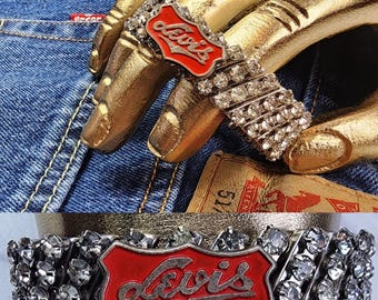 Artisan Vintage Levi Pin 60s Rhinestone Stretch Bracelet Handcrafted Western Denim Cowgirl Boho Rustic Jewelry