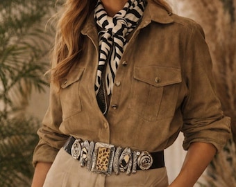 Chico's Safari Glam Belt: Embossed Snake, Faux Hair, Abstract Silver Buckle