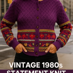 Vintage 80s Purple Cardigan: Metallic Floral Knit, Boho Chic Size L