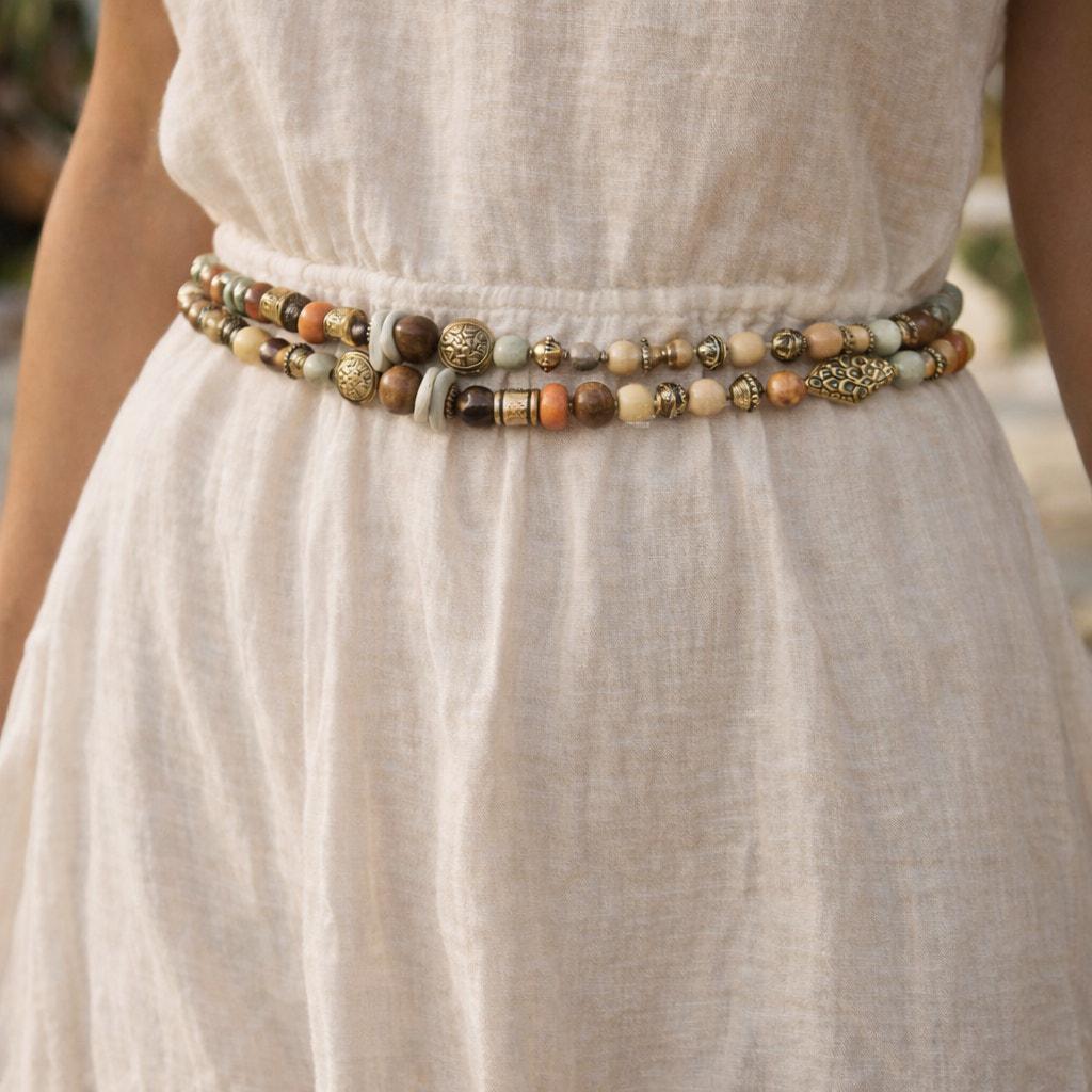 Boho Double Strand Beaded Waist Belt Neutral Earthy Adjustable Festival Belt product-mediumsquare-3479911-  main image 2
