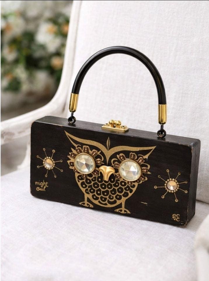 Vintage Enid Collins Night Owl Wooden Box Bag &ndash; 1967 Handbag with Original Box
