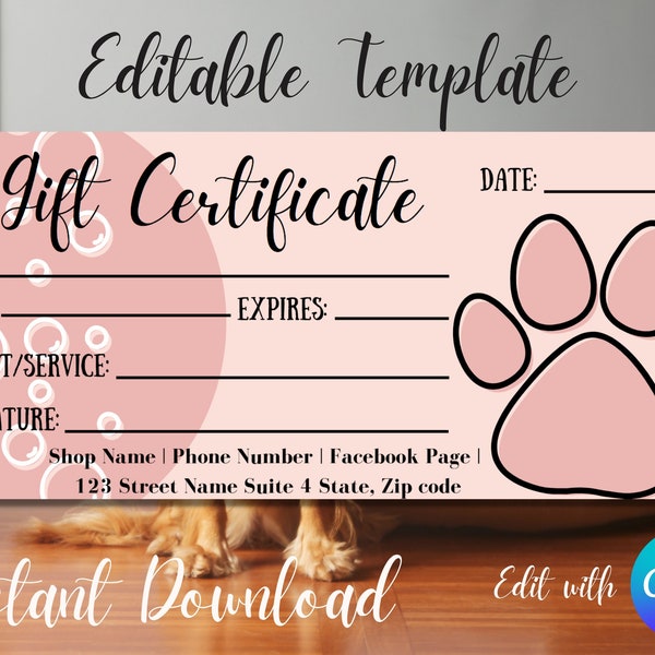 Gift Certificate Template, Editable Template for Dog Groomers, Editable Gift Certificate