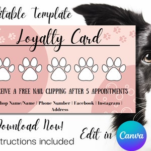 Treuekarte für Hundefriseuren, bearbeitbare Vorlage, Sofort Download
