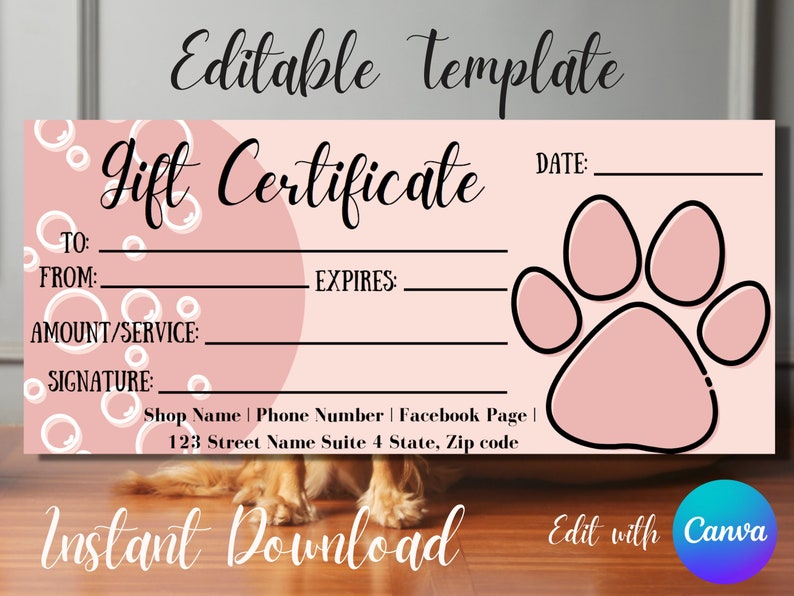 Gift Certificate Template, Editable Template for Dog Groomers, Editable ...