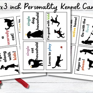 May include: Eight 5x3 inch white cards with black silhouettes of dogs and cats. Each card has a different personality description, such as "I'm good with kids!" and "Eager to please!"