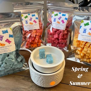 Puede incluir: Bolsas de ositos de cera de soja perfumada de colores, incluyendo azul, naranja, rojo y rosa. Las bolsas tienen etiquetas con gráficos de osos y texto. Un calentador de cera blanco con ceras en forma de oso azul está en primer plano. También se ven las palabras "Spring & Summer".