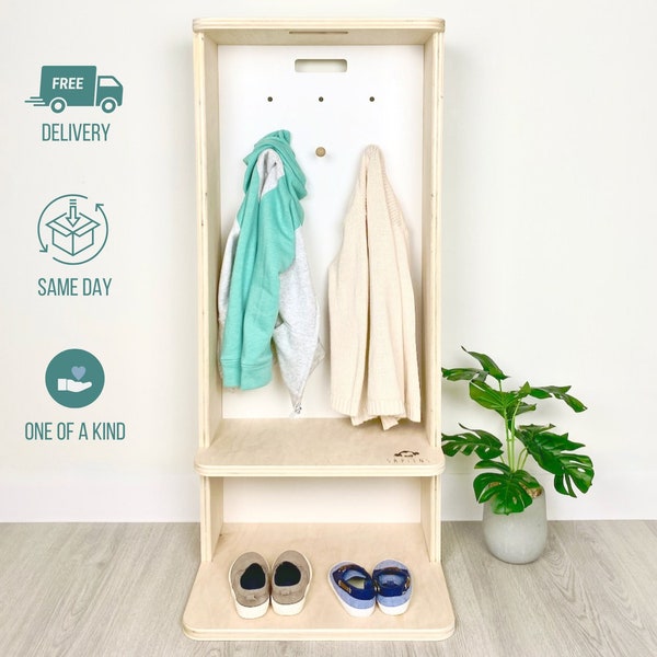 Shoe and Coat Rack | Montessori Wardrobe | Cubby for Toddlers | Shelf Storage | Kids Coat Stand | Locker
