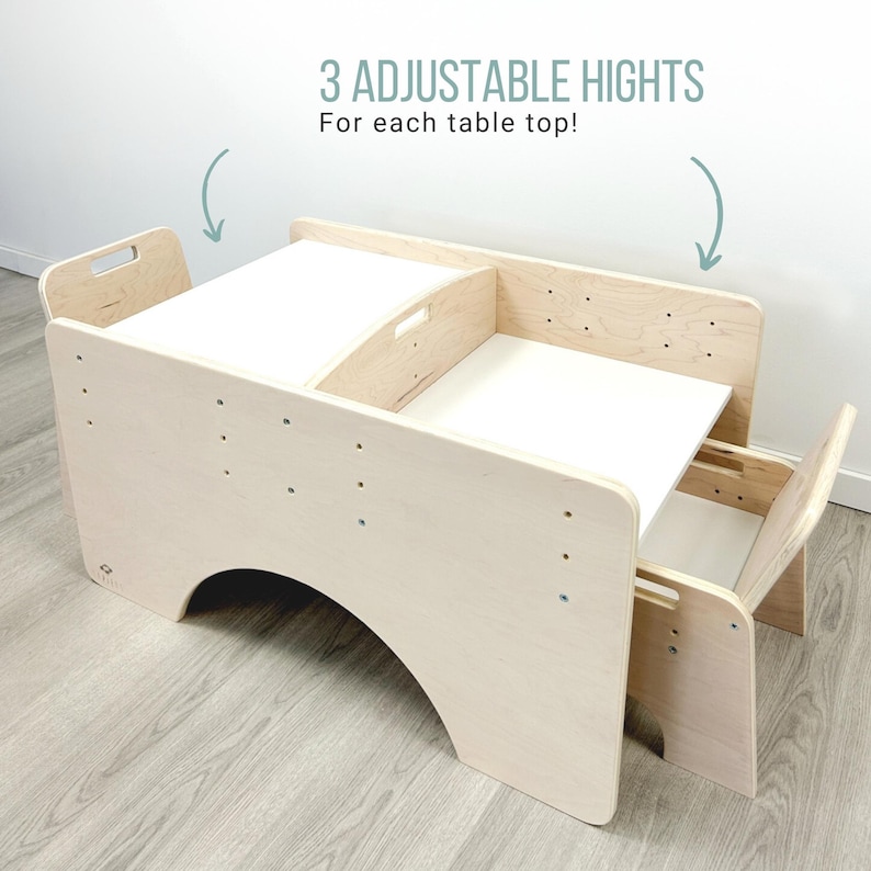 May include: A wooden table and chair set with three adjustable heights. The table has a white top and a cutout for a child to sit in. The chair is also made of wood and has a cutout for a child to sit in. The table and chair are both unfinished and have a natural wood color.